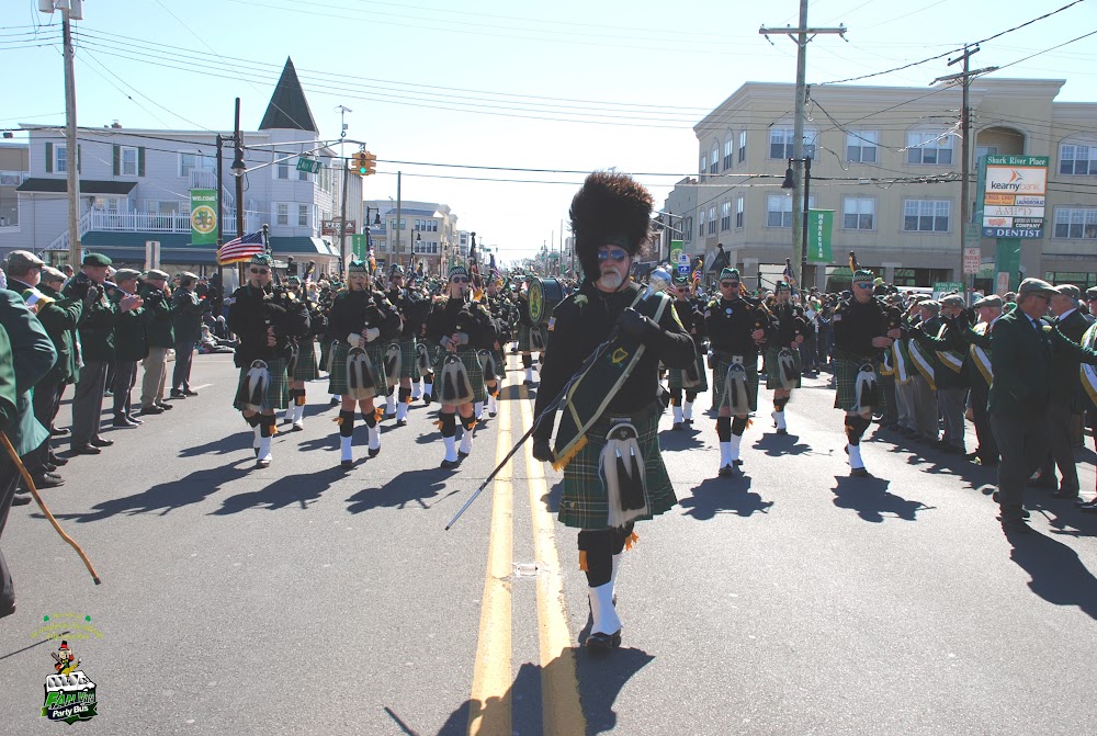 The Pipes and Drums of the Jersey Shore Shillelagh marching in a Saint Patrick's Day parade
